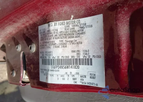 2006 Ford Focus Zx4 из США, поврежденный, VIN 1FAFP34N56W141820